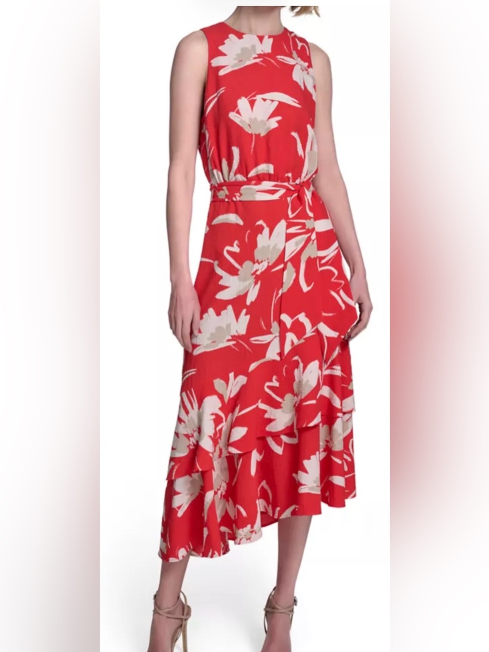 Halston Sleeveless Floral Print Belted Midi Dress in Fire/Sand, Size 8
